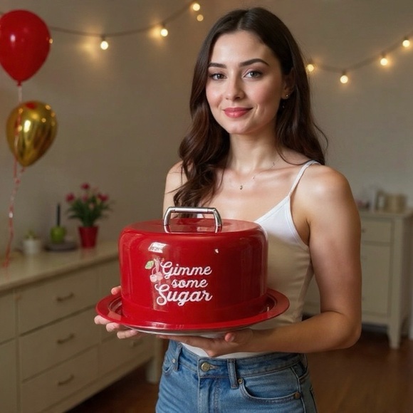 Rare Vintage Bella Bug Red Gimme Some Sugar Metal Cake Dome and Plate. - Picture 2 of 14